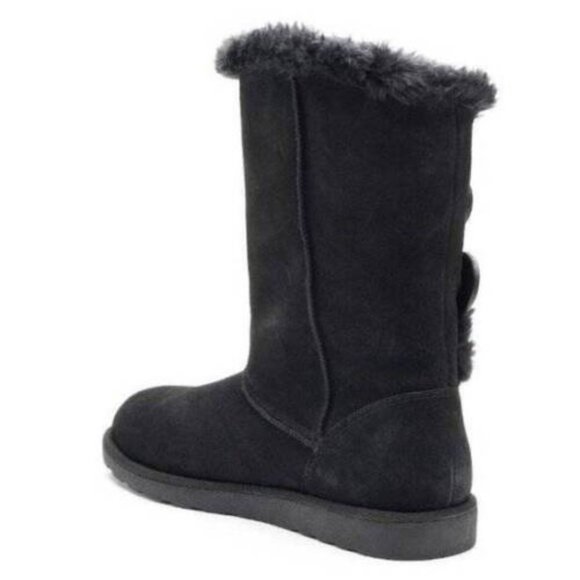 Womens Winter Boots SO Black 7 Mid Calf Pull On Plush Suede Button Fx Fur Trim - Picture 3 of 11